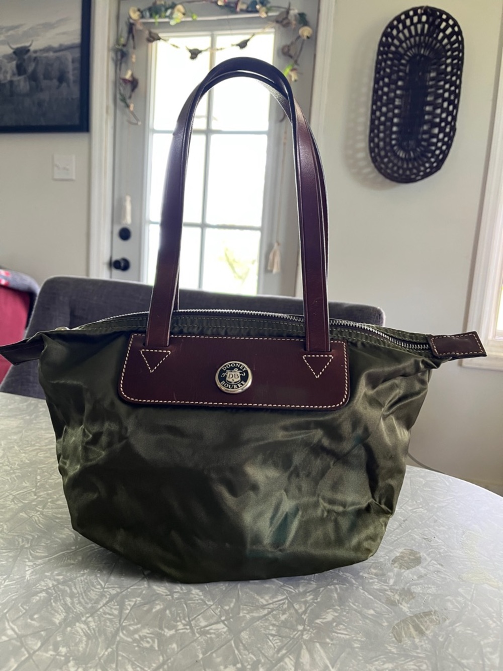 DOONEY & BOURKE army green Nylon
Leather Tote Shoulder
Bag.